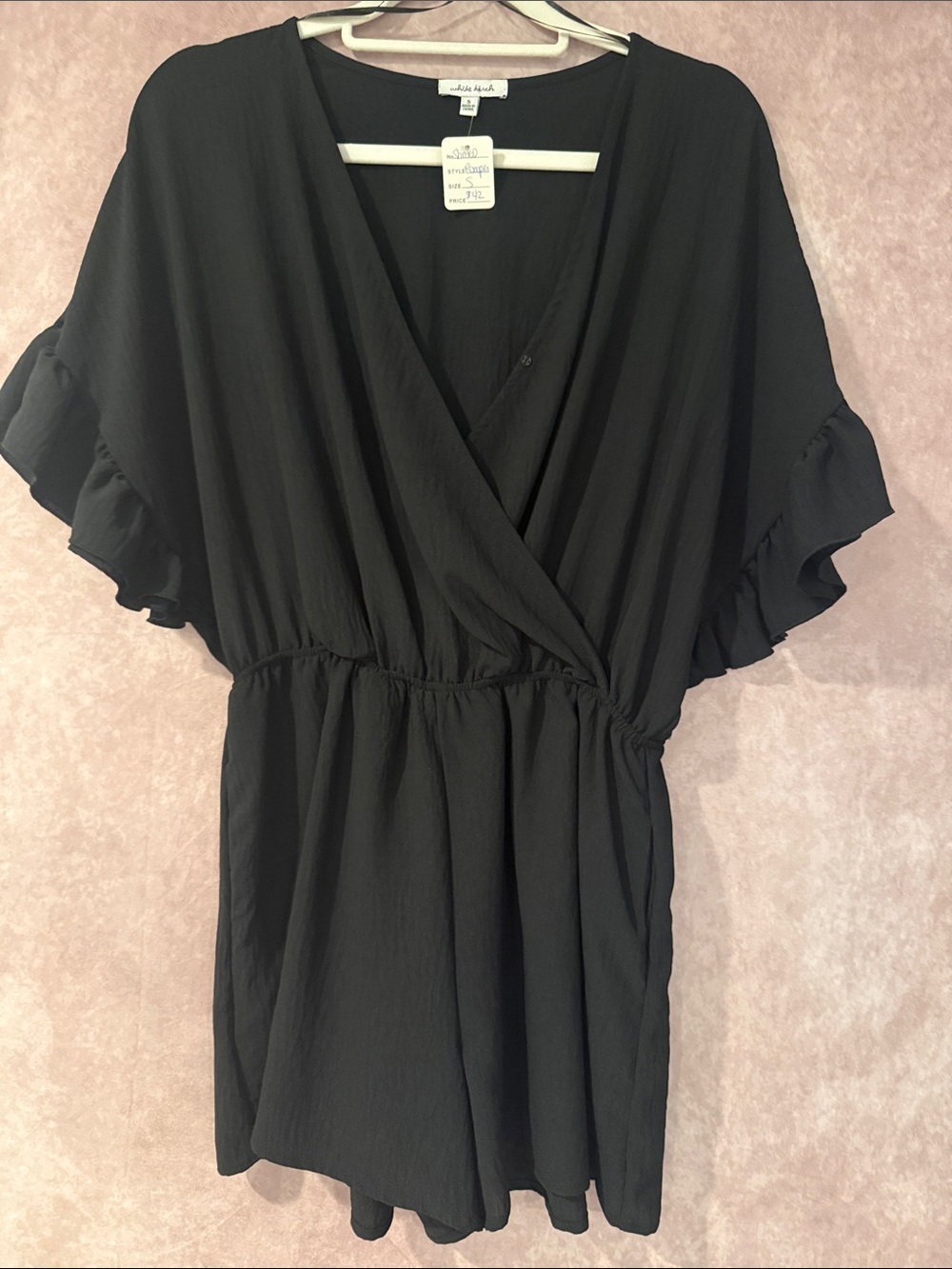 white birch Black Short Flutter Sleeve Romper